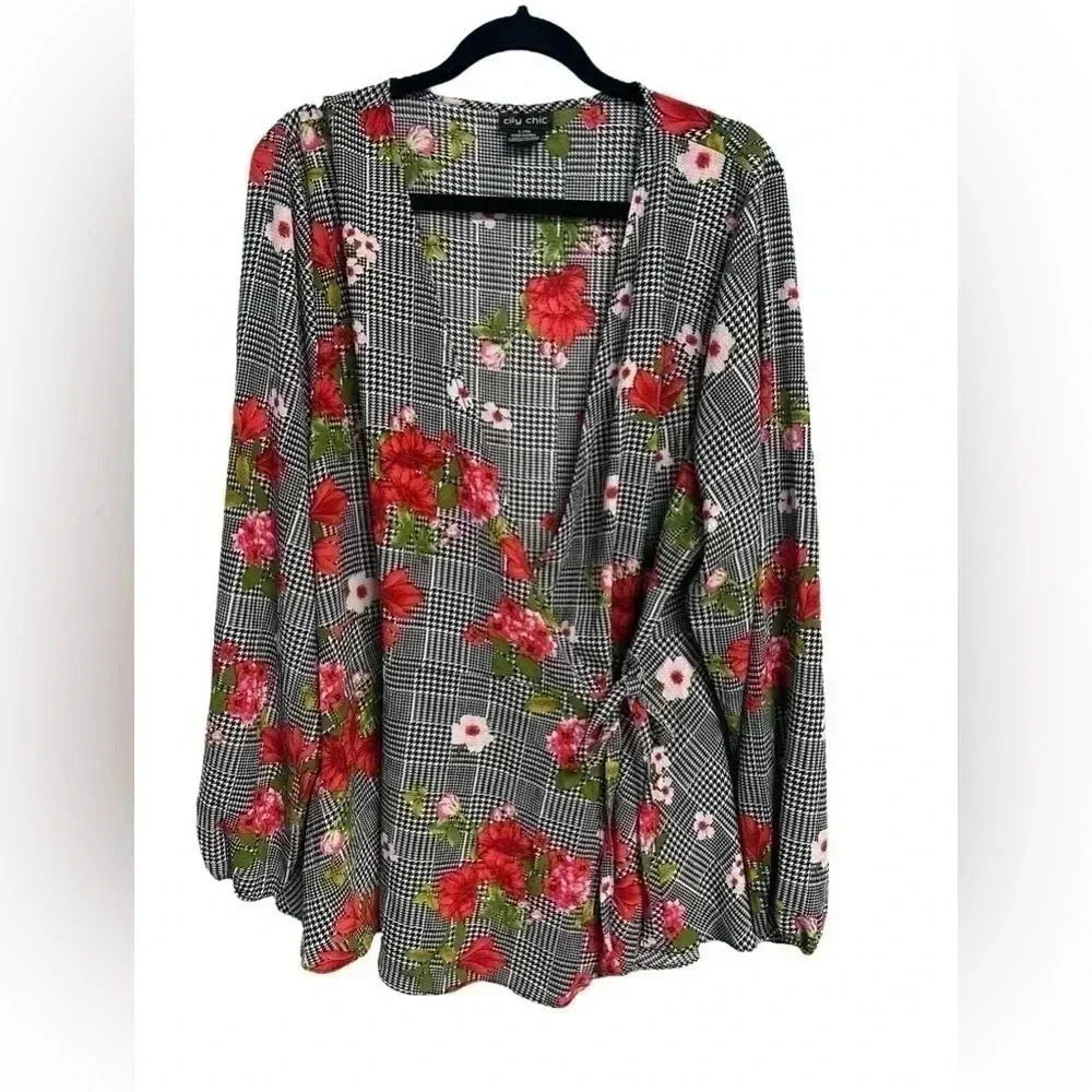 City Chic Blouse Women's Floral Print Tie Wrap Top Long Sleeve V-Neck Sz. L